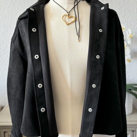 Women's Suede Shirt Jacket Top | Button Down Long Sleeve | Black - Picture 9 of 9